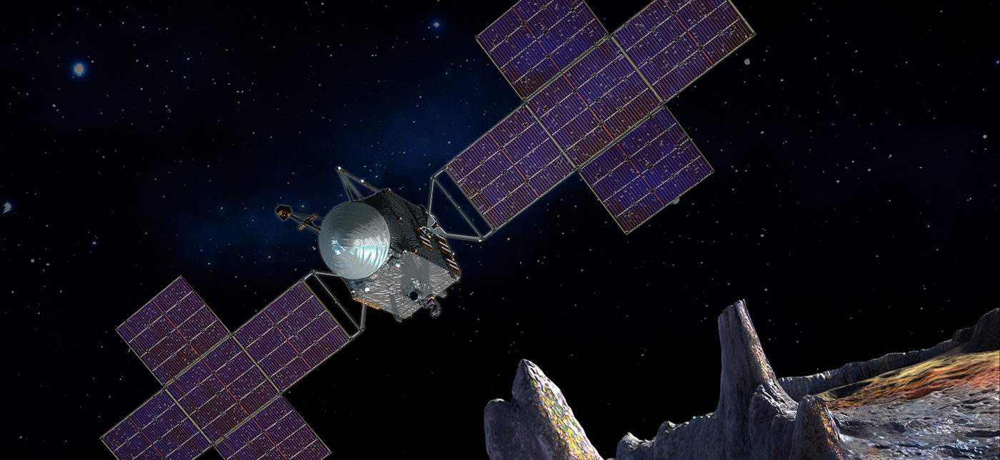 Artist’s concept showing the Psyche mission spacecraft. Credits: NASA/JPL-Caltech/Arizona State Univ./Space Systems Loral/Peter Rubin.