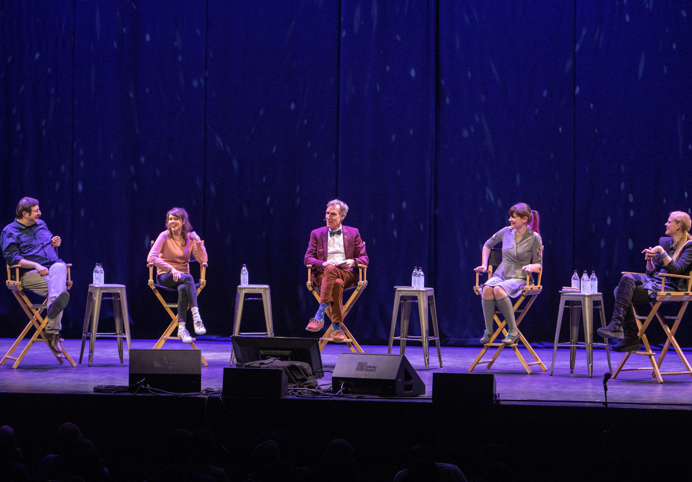 Jakub Mosur’s photo of Eugene Mirman, Claudia O’Doherty, Bill Nye, Ariel Waldman, and Janet Varney onstage at SF Sketchfest 2017.