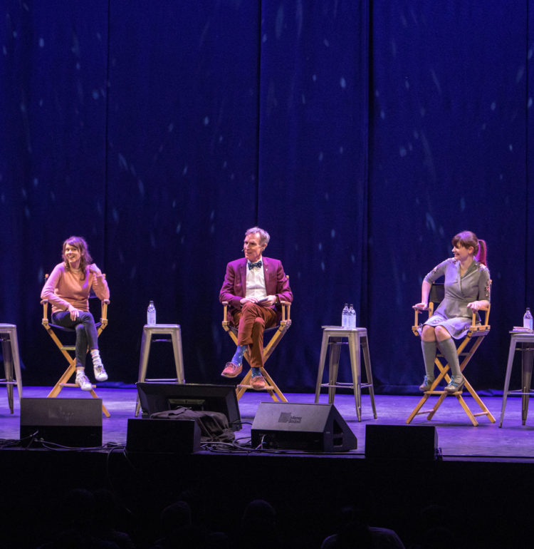 Jakub Mosur’s photo of Eugene Mirman, Claudia O’Doherty, Bill Nye, Ariel Waldman, and Janet Varney onstage at SF Sketchfest 2017.