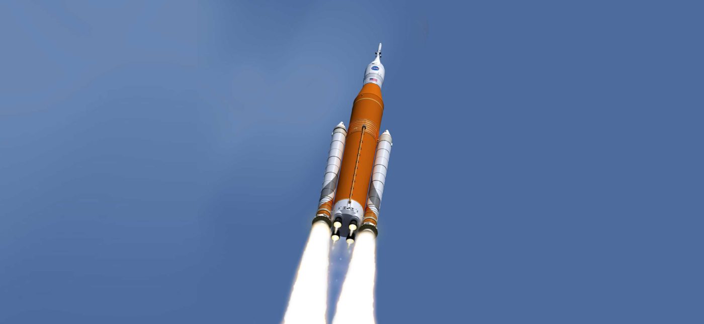 NASA Artist’s concept of the SLS (Space Launch System) and Orion capsule in flight.