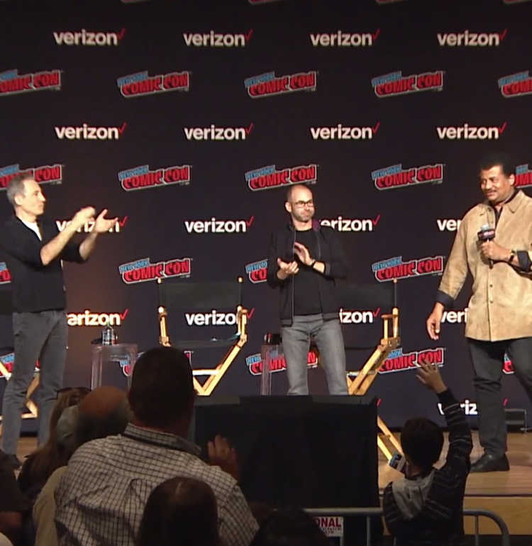 Photo by NY Comic Con of Chuck Nice, Brian Greene, James “Murr” Murray, and Neil deGrasse Tyson on the main stage, Thursday, Oct. 4th.