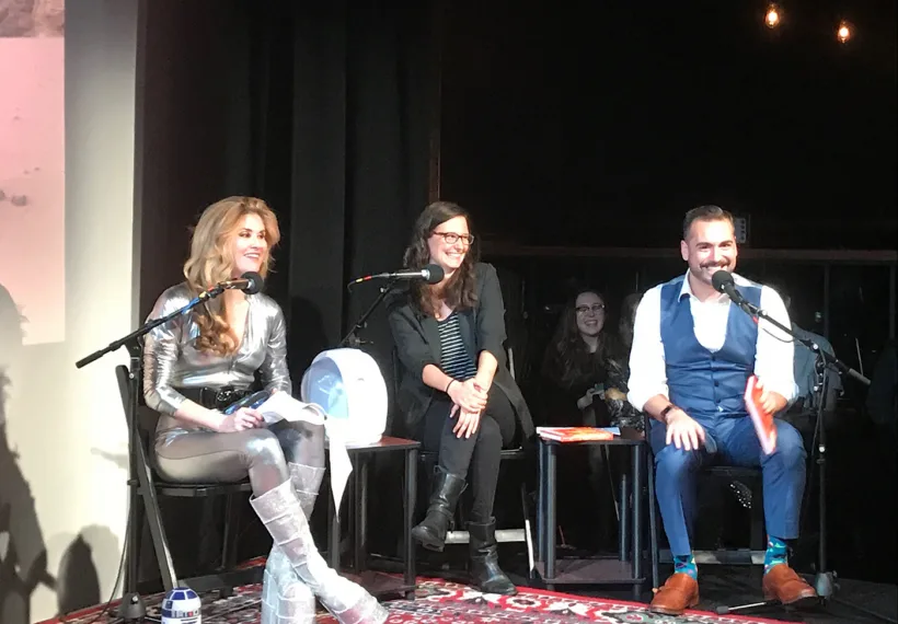 Lindsey Walker’s photo of the StarTalk All-Stars at Caveat, with host Natalia Reagan, guest Jana Grcevich, and co-host Harrison Greenbaum.