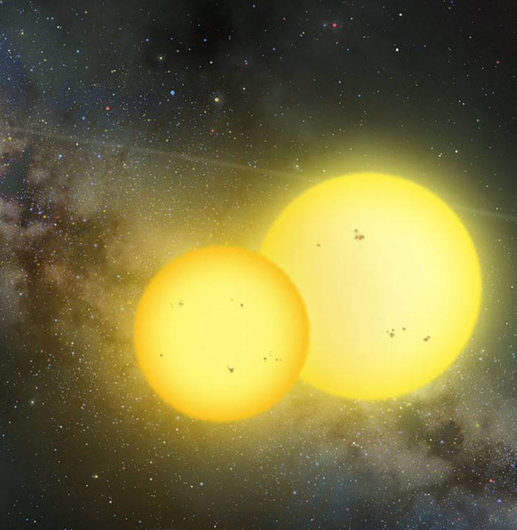 Detail from an artist’s rendering showing the Kepler-35 double star system. Image credit: Lynette Cook / extrasolar.spaceart.org.