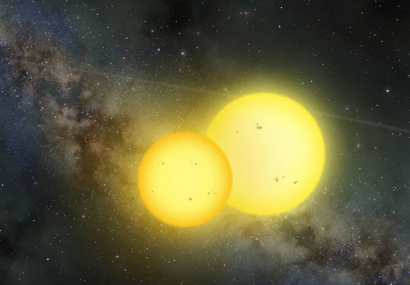 Detail from an artist’s rendering showing the Kepler-35 double star system. Image credit: Lynette Cook / extrasolar.spaceart.org.
