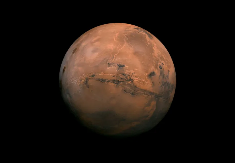 NASA/JPL-Caltech photo mosaic from July 2013 showing the Valles Marineris hemisphere of Mars projected into point perspective, a view similar to that which one would see from a spacecraft.