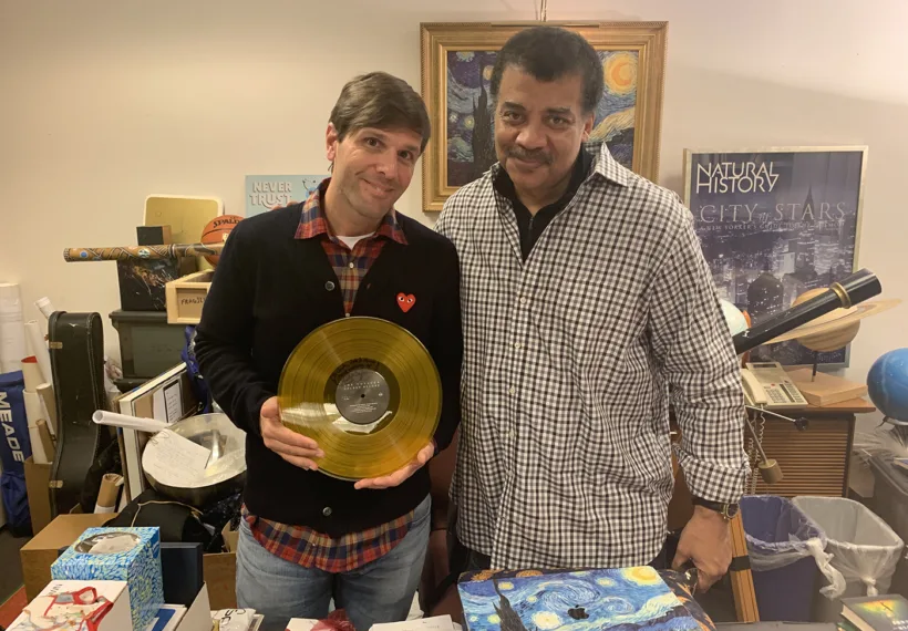 StarTalk®’s photo of Josh Clark, the Golden Record, and Neil deGrasse Tyson.