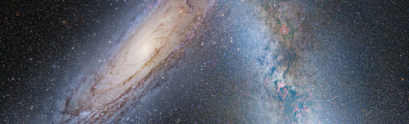 NASA illustration showing Andromeda galaxy approaching the Milky Way, in 3.75 billion years. Illustration Credit: NASA; ESA; Z. Levay and R. van der Marel, STScI; T. Hallas; and A. Mellinger.