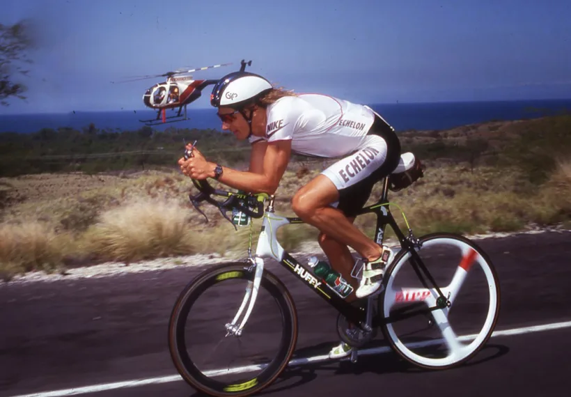 Photo of Ironman Champion Mark Allen during the bike phase of the race, courtesy of Mark Allen.