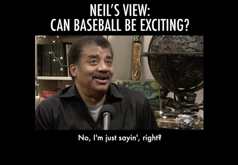 Screen capture of Neil deGrasse Tyson from "Neil's View - Can Baseball Be Exciting?" video on Playing with Science.