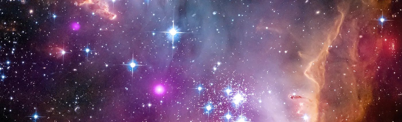 Shown: The tip of the "wing" of the Small Magellanic Cloud galaxy, with NGC 602 near the tip. X-rays from NASA's Chandra X-ray Observatory are shown in purple; visible-light from NASA's Hubble Space Telescope is colored red, green and blue; and infrared observations from NASA's Spitzer Space Telescope are also represented in red. Credit: X-ray: NASA/CXC/Univ. Potsdam/L. Oskinova, et al.; Optical: NASA/STScI; Infrared: NASA/JPL-Caltech.