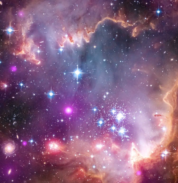 Shown: The tip of the "wing" of the Small Magellanic Cloud galaxy, with NGC 602 near the tip. X-rays from NASA's Chandra X-ray Observatory are shown in purple; visible-light from NASA's Hubble Space Telescope is colored red, green and blue; and infrared observations from NASA's Spitzer Space Telescope are also represented in red. Credit: X-ray: NASA/CXC/Univ. Potsdam/L. Oskinova, et al.; Optical: NASA/STScI; Infrared: NASA/JPL-Caltech.