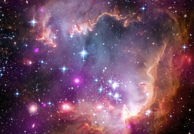 Shown: The tip of the "wing" of the Small Magellanic Cloud galaxy, with NGC 602 near the tip. X-rays from NASA's Chandra X-ray Observatory are shown in purple; visible-light from NASA's Hubble Space Telescope is colored red, green and blue; and infrared observations from NASA's Spitzer Space Telescope are also represented in red. Credit: X-ray: NASA/CXC/Univ. Potsdam/L. Oskinova, et al.; Optical: NASA/STScI; Infrared: NASA/JPL-Caltech.