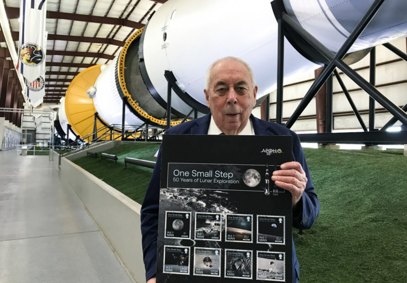 Ben Glazier's photo of George Abbey with the Apollo 11 50th Anniversary stamps.
