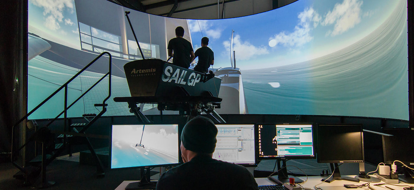 Photo of the SailGP Simulator, ©SAILGP-Javier Salinas.