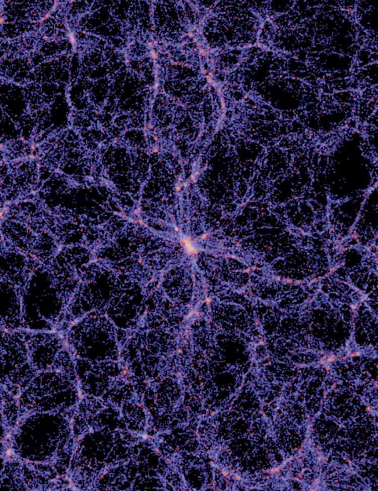 Simulated visualization of the Universe showing galaxies organized into the cosmic web credited to V.Springel, Max-Planck Institut für Astrophysik, Garching bei München.