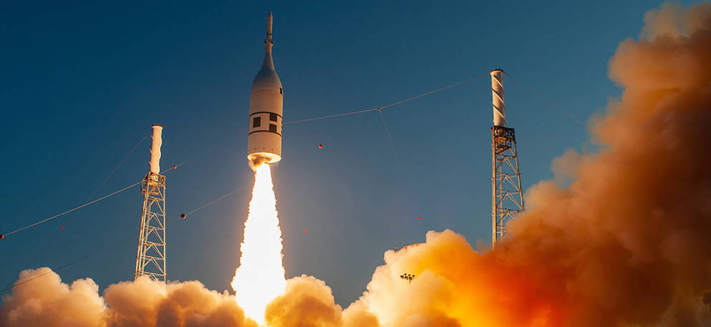 NASA photo by Tony Gray and Kevin O’Connell of a test version of the Orion crew spacecraft soaring upward during NASA’s Ascent Abort-2 (AA-2) flight test July 2, 2019.