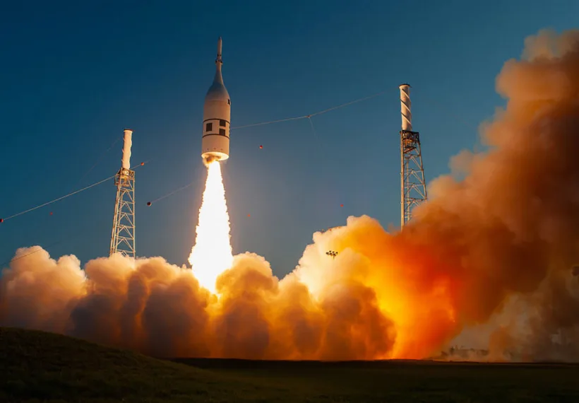 NASA photo by Tony Gray and Kevin O’Connell of a test version of the Orion crew spacecraft soaring upward during NASA’s Ascent Abort-2 (AA-2) flight test July 2, 2019.