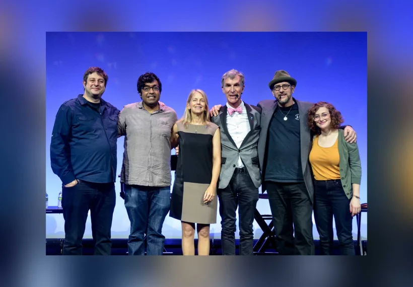 Elliot Severn’s Photo of StarTalk All-Stars Live at Awesome Con, showing, from left to right, Eugene Mirman, Hari Kondabolu, Dava Newman, Bill Nye, David Grinspoon, Jo Firestone.