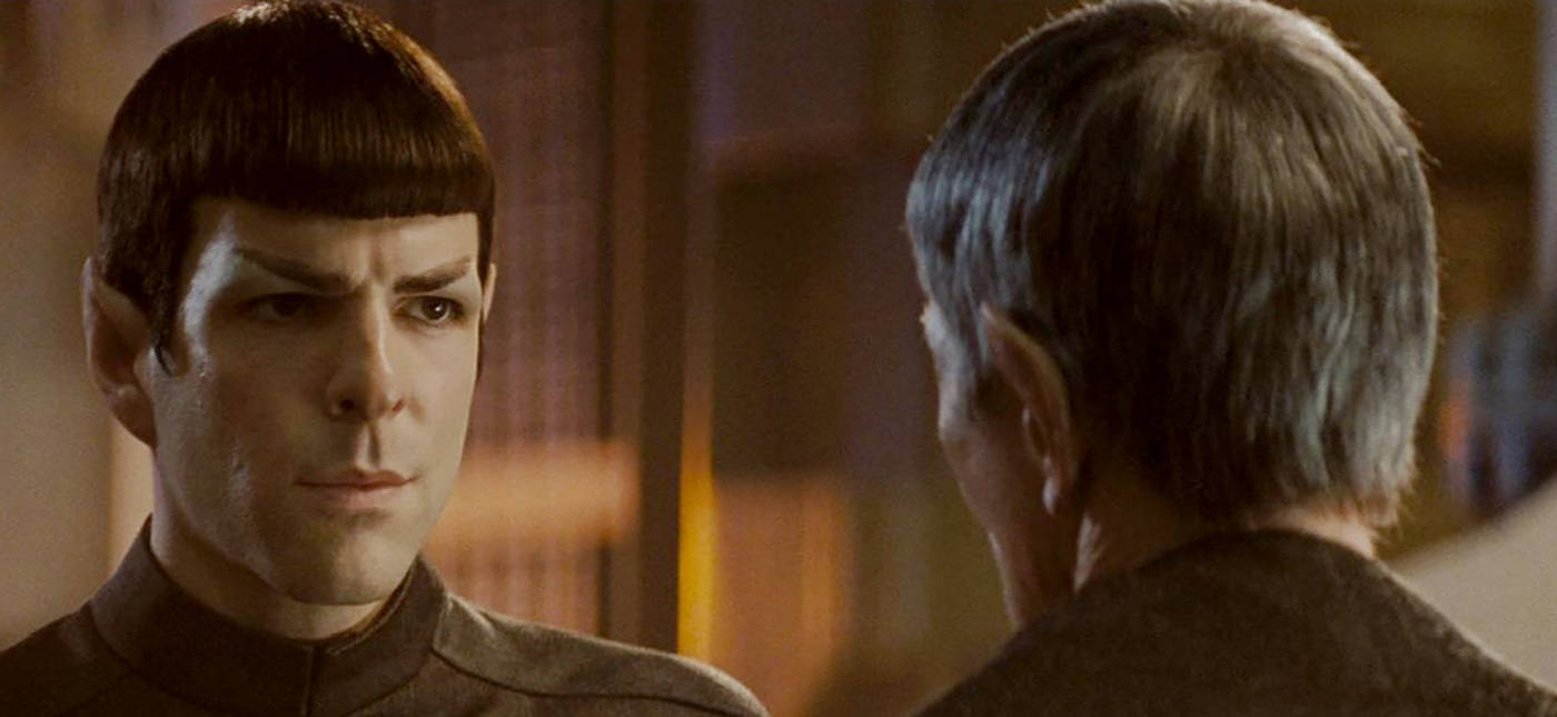 Paramount Pictures photo of Zachary Quinto’s Spock meeting Leonard Nimoy’s Spock in Star Trek (2009).