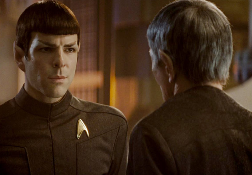 Paramount Pictures photo of Zachary Quinto’s Spock meeting Leonard Nimoy’s Spock in Star Trek (2009).