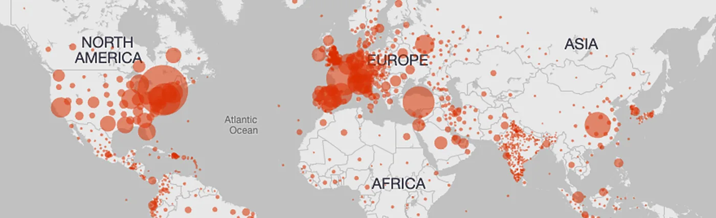 A screen capture of the interactive COVID-19 Global Tracker Map from Microsoft Bing taken on 04/24/2020.