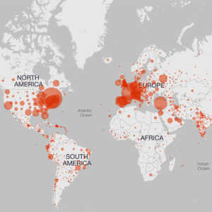 A screen capture of the interactive COVID-19 Global Tracker Map from Microsoft Bing taken on 04/24/2020.