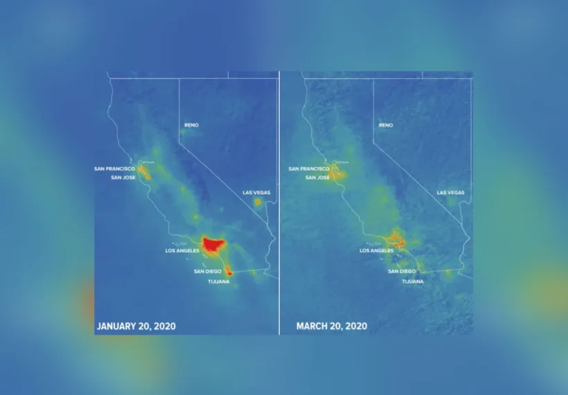 Earther/Gizmodo’s satellite images from Jan 2020 and March 2020 showing the impact of coronavirus on pollution and the climate.
