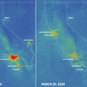 Earther/Gizmodo’s satellite images from Jan 2020 and March 2020 showing the impact of coronavirus on pollution and the climate.
