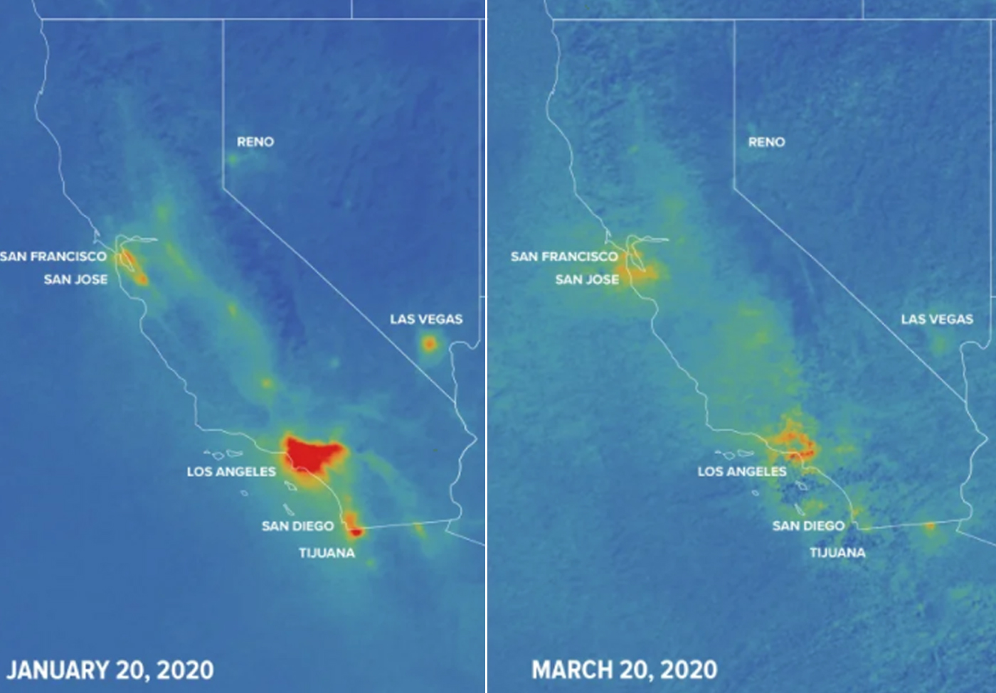 Earther/Gizmodo’s satellite images from Jan 2020 and March 2020 showing the impact of coronavirus on pollution and the climate.