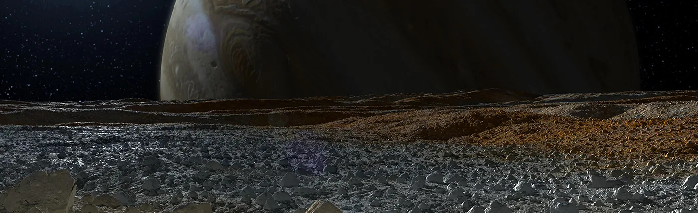 An Artist’s Rendering of Europa’s Surface as Jupiter Looms in the Background. Credit: NASA/JPL-Caltech.