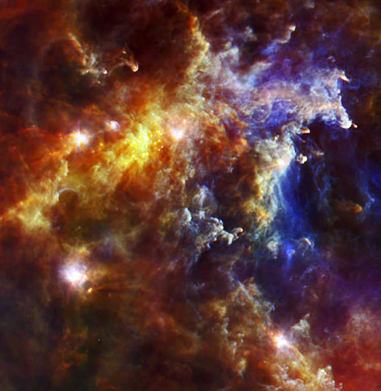Dust clouds associated with the Rosette Nebula, a stellar nursery about 5,000 light-years from Earth in the Monoceros, or Unicorn, constellation, in an image from the ESA and the PACS, SPIRE & HSC consortia, F. Motte (AIM Saclay, CEA/IRFU - CNRS/INSU - U.ParisDidedrot) for the HOBYS key programme.
