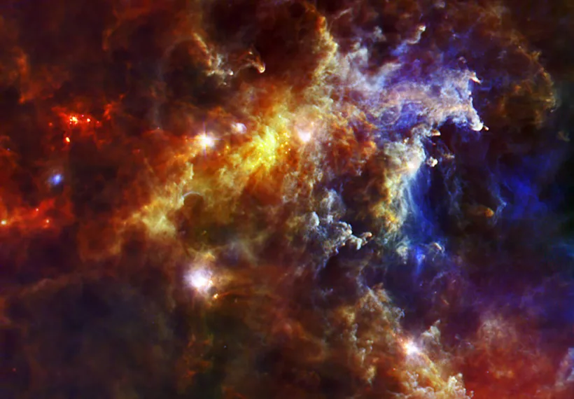 Dust clouds associated with the Rosette Nebula, a stellar nursery about 5,000 light-years from Earth in the Monoceros, or Unicorn, constellation, in an image from the ESA and the PACS, SPIRE & HSC consortia, F. Motte (AIM Saclay, CEA/IRFU - CNRS/INSU - U.ParisDidedrot) for the HOBYS key programme.