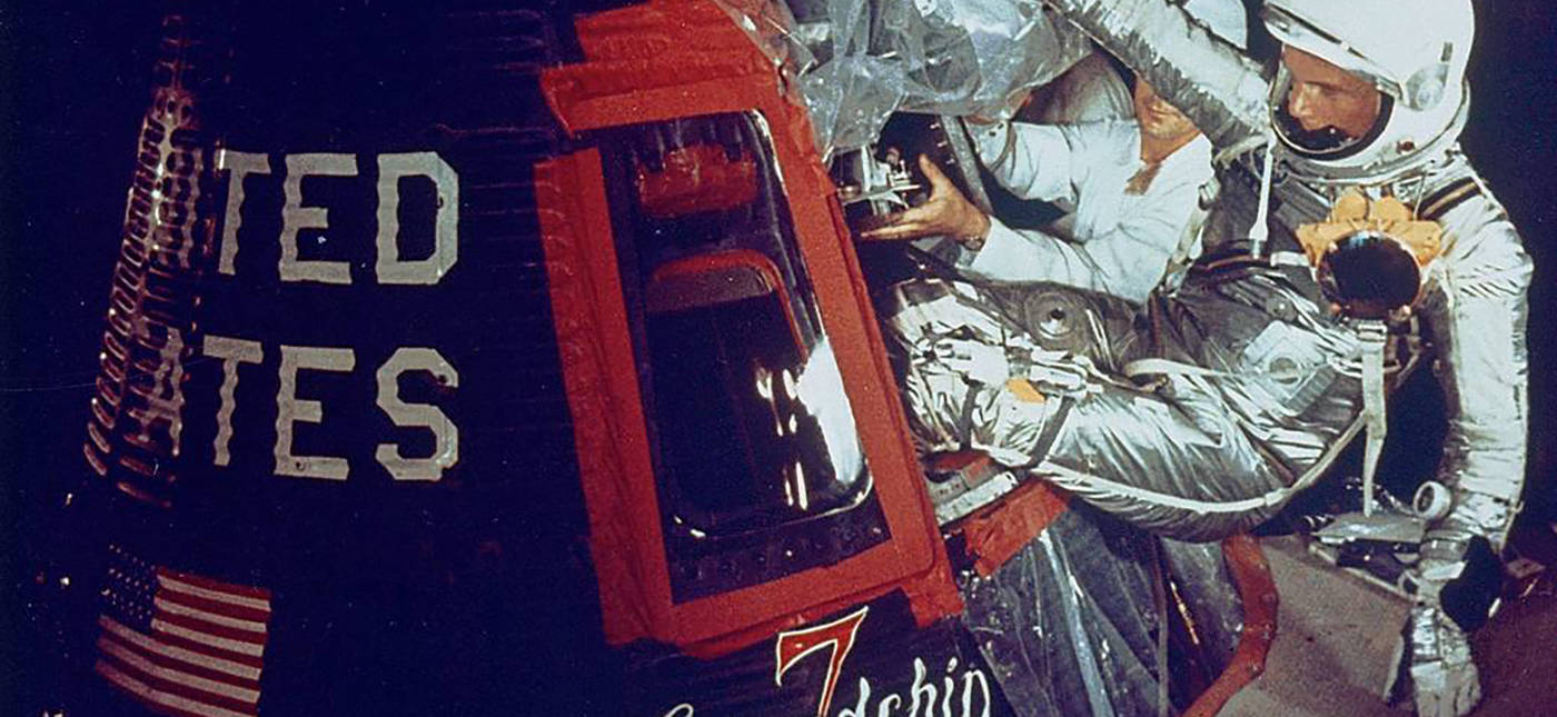 NASA’s image of astronaut John Glenn entering the Friendship 7 Capsule before launch.
