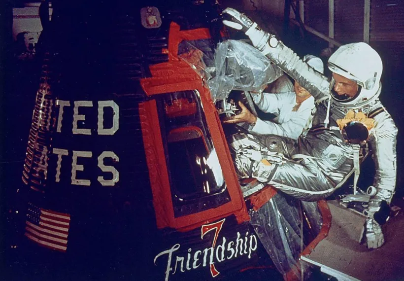 NASA’s image of astronaut John Glenn entering the Friendship 7 Capsule before launch.