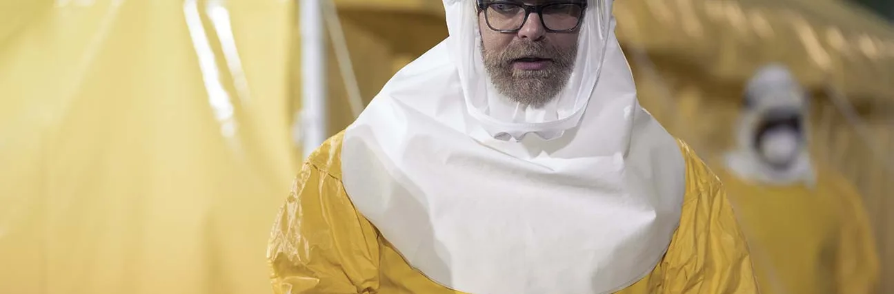 Elizabeth Morris and Amazon Prime Video’s photo of Rainn Wilson in a hazmat suit in Utopia.