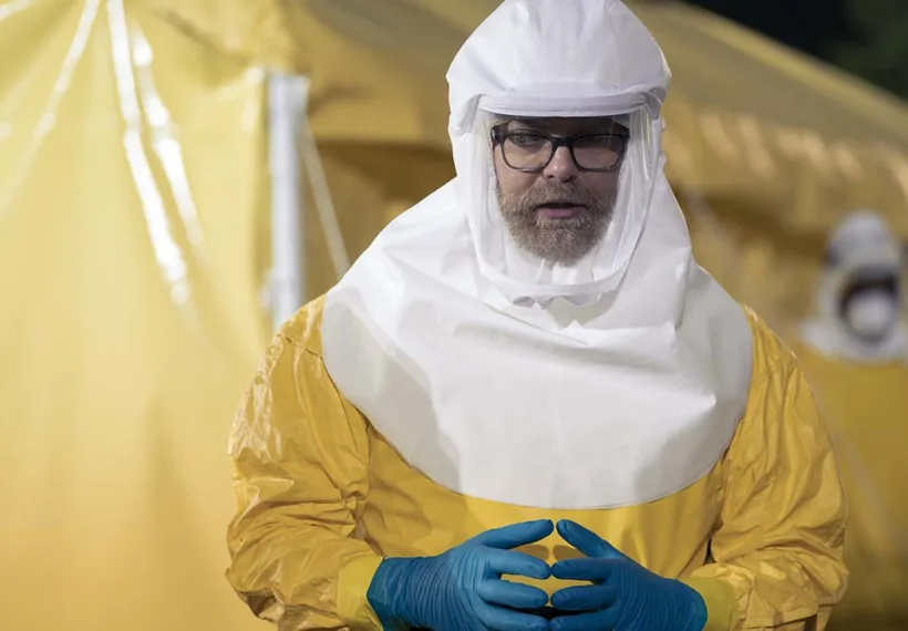 Elizabeth Morris and Amazon Prime Video’s photo of Rainn Wilson in a hazmat suit in Utopia.