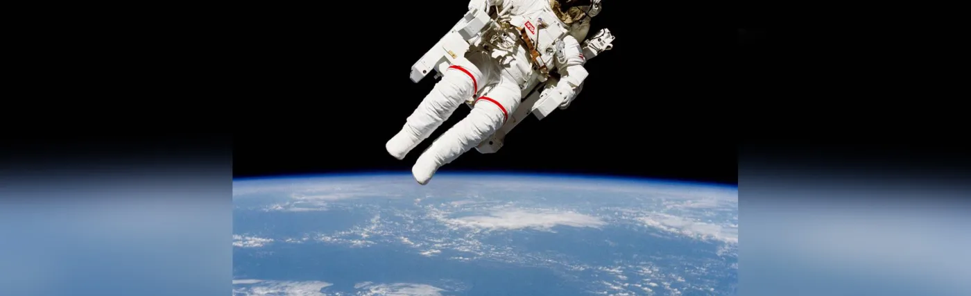 NASA's image of astronaut Bruce McCandless II on a spacewalk a few meters away from the cabin of the space shuttle Challenger on Feb. 7, 1984.
