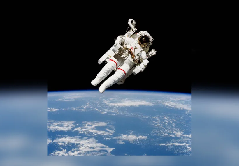 NASA's image of astronaut Bruce McCandless II on a spacewalk a few meters away from the cabin of the space shuttle Challenger on Feb. 7, 1984.