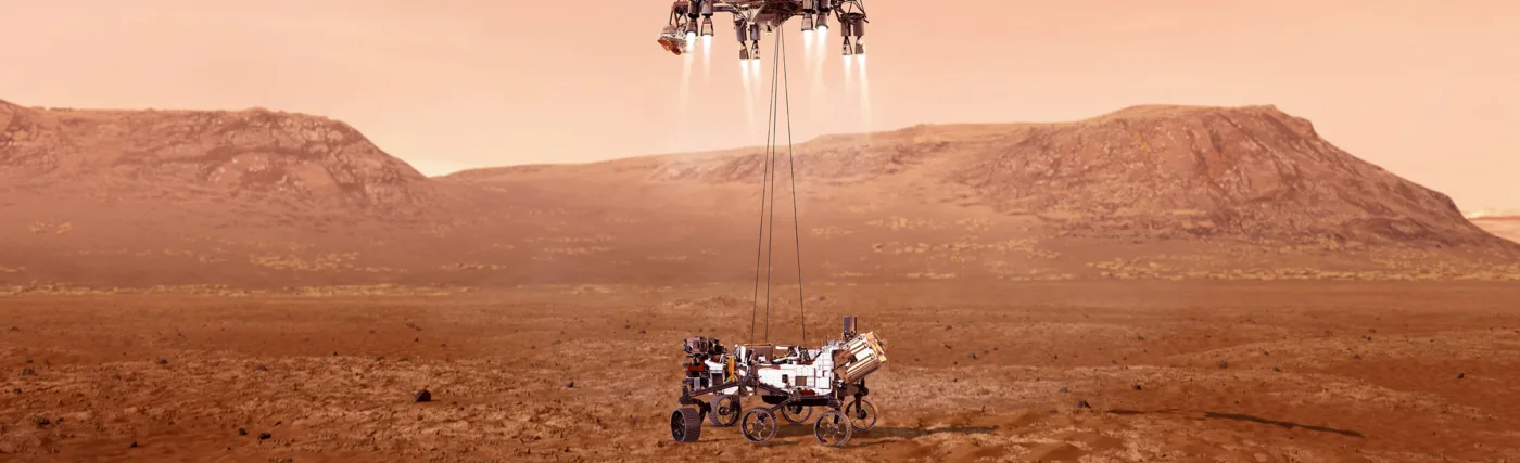 NASA/JPL-Caltech’s illustration of NASA’s Perseverance rover landing safely on Mars.