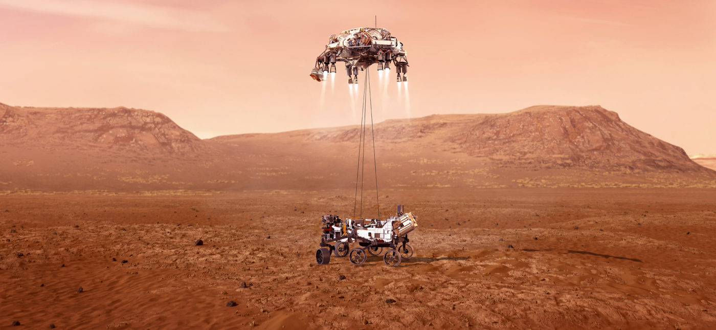 NASA/JPL-Caltech’s illustration of NASA’s Perseverance rover landing safely on Mars.