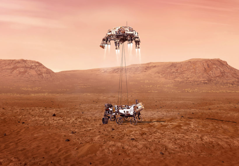 NASA/JPL-Caltech’s illustration of NASA’s Perseverance rover landing safely on Mars.