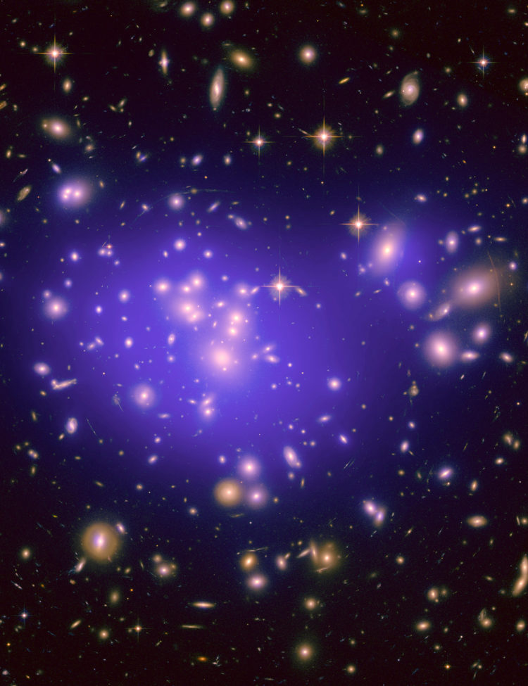 NASA’s image shows the galaxy cluster Abell 1689, with the mass distribution of the dark matter in the gravitational lens overlaid (in purple). The mass in this lens is made up partly of normal (baryonic) matter and partly of dark matter. Distorted galaxies are visible around the edges of the gravitational lens.