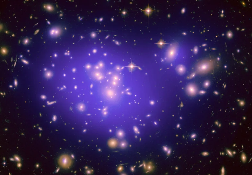 NASA’s image shows the galaxy cluster Abell 1689, with the mass distribution of the dark matter in the gravitational lens overlaid (in purple). The mass in this lens is made up partly of normal (baryonic) matter and partly of dark matter. Distorted galaxies are visible around the edges of the gravitational lens.