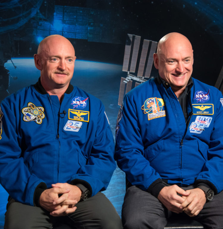 Identical twin astronauts, Scott and Mark Kelly, are subjects of NASA’s Twins Study. Scott (right) spent a year in space while Mark (left) stayed on Earth as a control subject. Researchers looked at the effects of space travel on the human body. Credit: NASA.