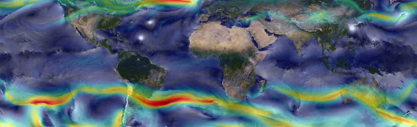 This visualization shows global winds from a GEOS-5 simulation using 10-kilometer resolution. Surface winds (0 to 40 meters/second) are shown in white and trace features including Atlantic and Pacific cyclones. Upper-level winds (250 hectopascals) are colored by speed (0 to 175 meters/second), with red indicating faster.