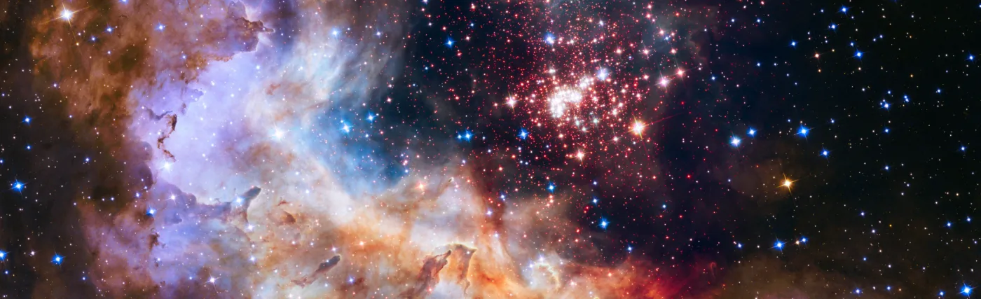 NASA’s photo of the star cluster Westerlund 2 in the Milky Way galaxy, with an estimated age of about one or two million years. It contains some of the hottest, brightest, and most massive stars known.