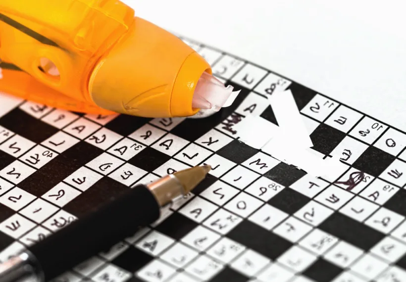 Photo of glasses on newspaper with crossword puzzle