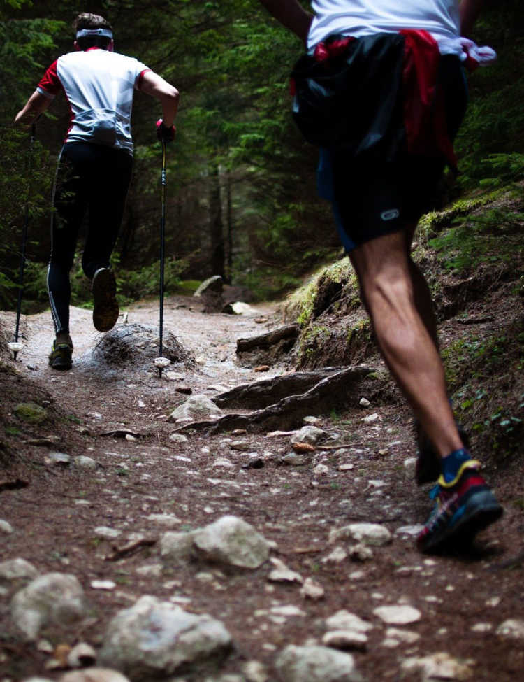 Two men viewed from behind as they run up a mountain trail.