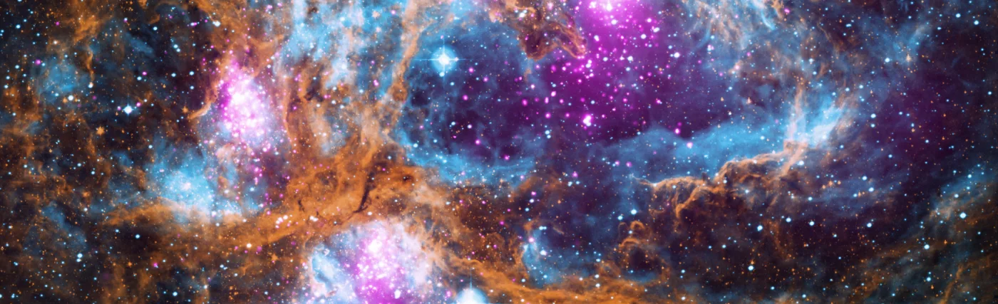 Composite image contains X-ray data from NASA’s Chandra X-ray Observatory and the ROSAT telescope (purple), infrared data from NASA’s Spitzer Space Telescope (orange), and optical data from the SuperCosmos Sky Survey (blue) made by the United Kingdom Infrared Telescope.