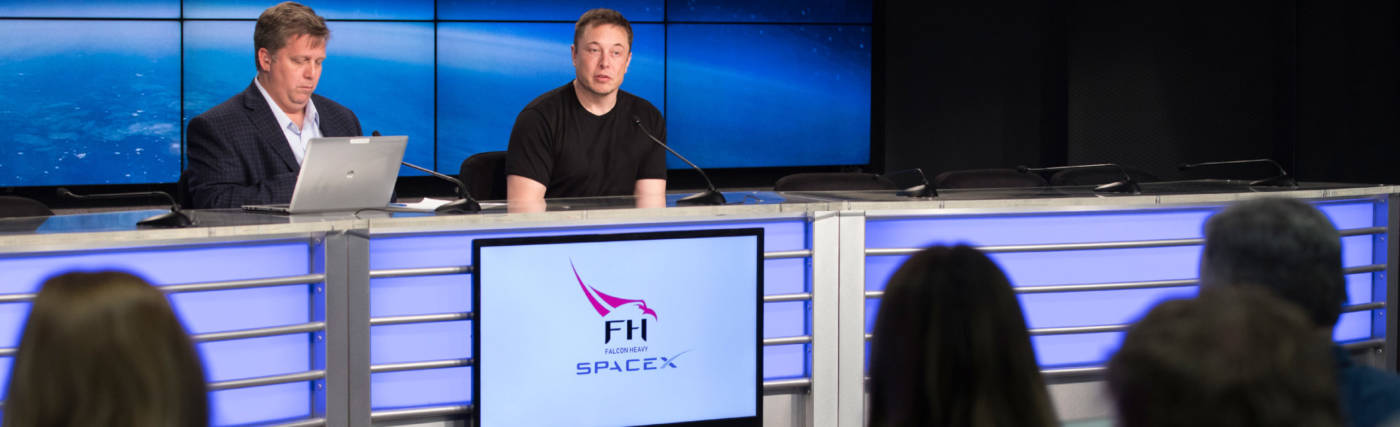 Elon Musk, SpaceX chief executive officer and lead designer, speaks to the news media during a news conference at NASA's Kennedy Space Center in Florida after the successful liftoff of the company’s Falcon Heavy rocket from Launch Complex 39A.